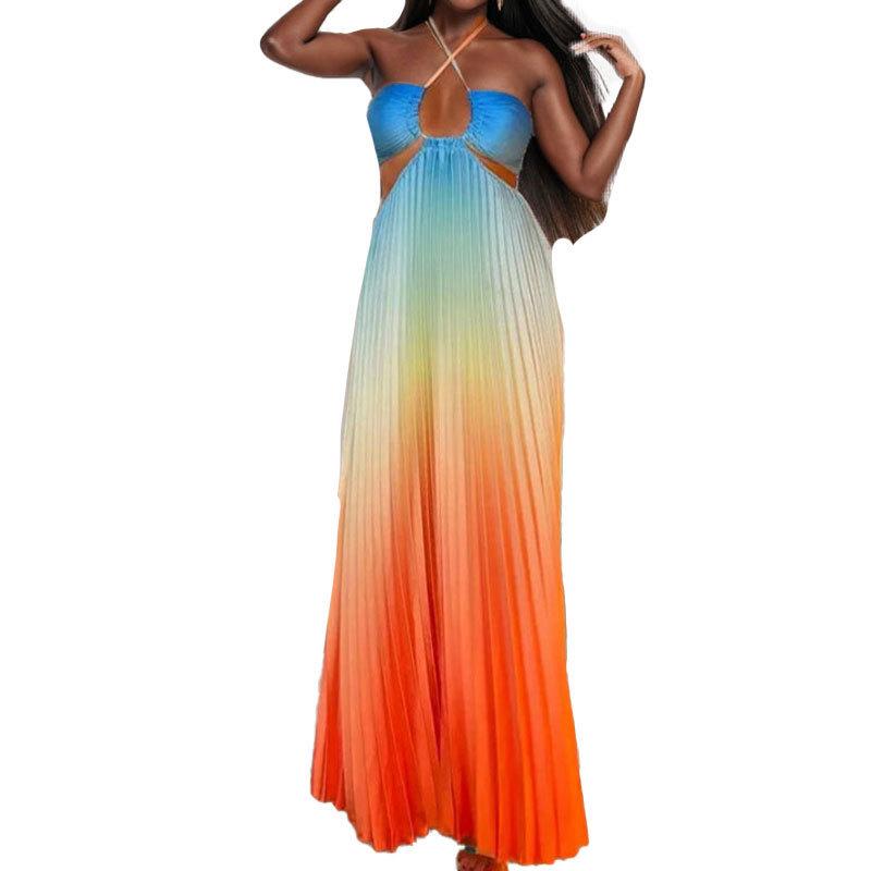 Spring 2026 Women's Gradient Halter Neck Dress - Elegant European and American Style with Sexy Hollow Out Design