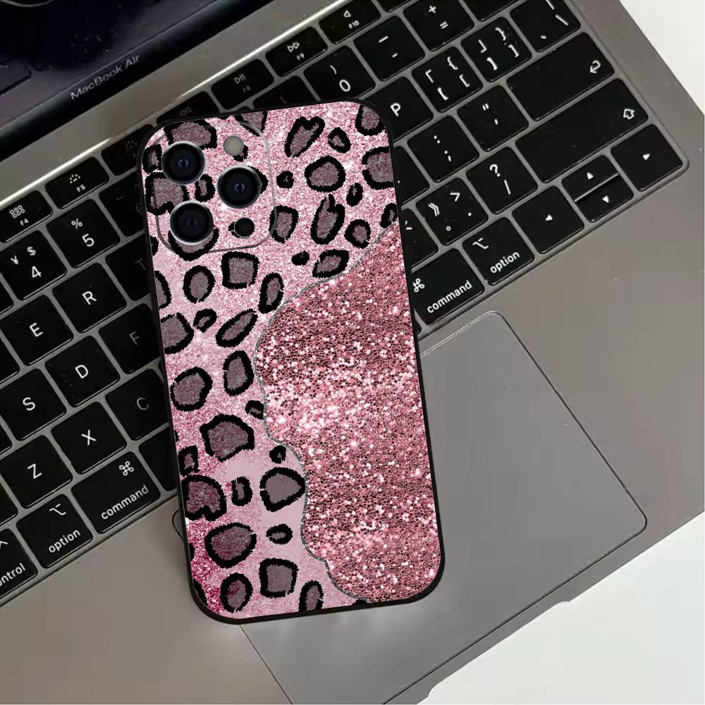 Fashion Pink Leopard Print Phone Case For iPhone 17,16,15,14,13,12,11 Plus,Pro Max,XS,Soft Silicone Black Cover