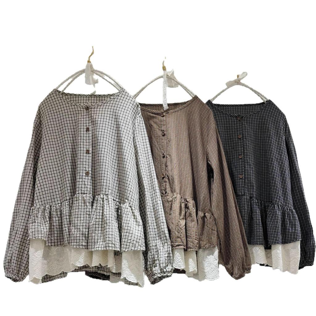 Retro Sweet Lace Patchwork Plaid Long Sleeve Shirt for Women – Loose, Slimming, Versatile