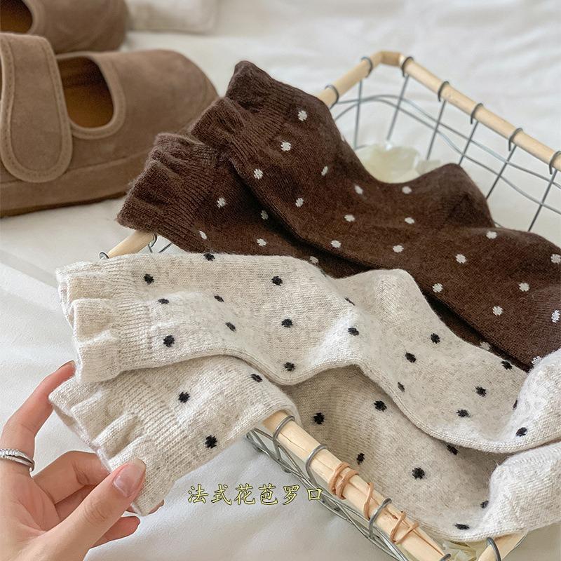 Lace Wool Socks for Women, Mid-calf Socks for Autumn and Winter, Thickened and Fleece, Warm, Polka Dot, Grey, Winter Long Socks
