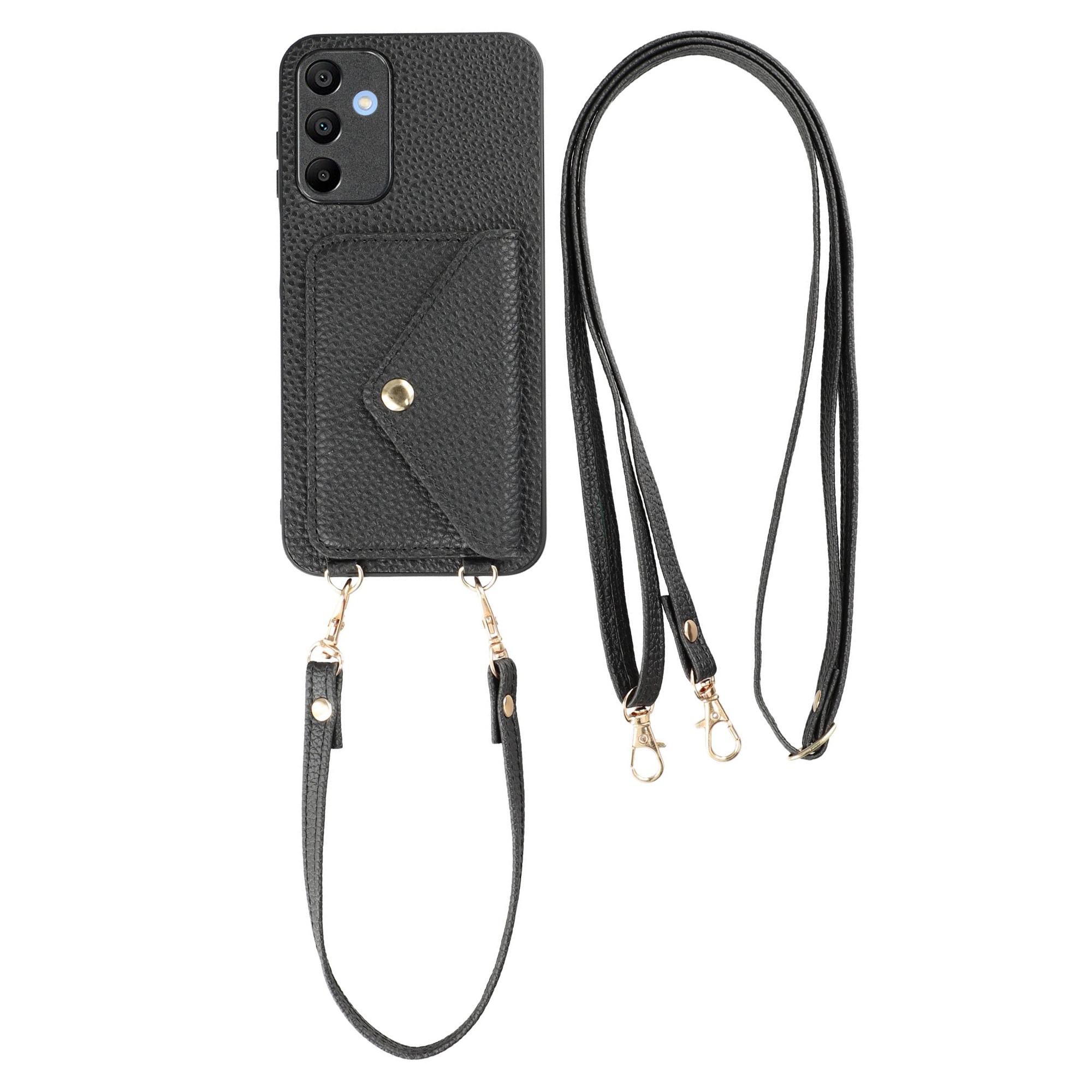 

Чехол для Samsung Galaxy A15 5G/4G с держателем для карт, текстура личи, ПУ кожа+ТПУ чехол для телефона с ремешками Black