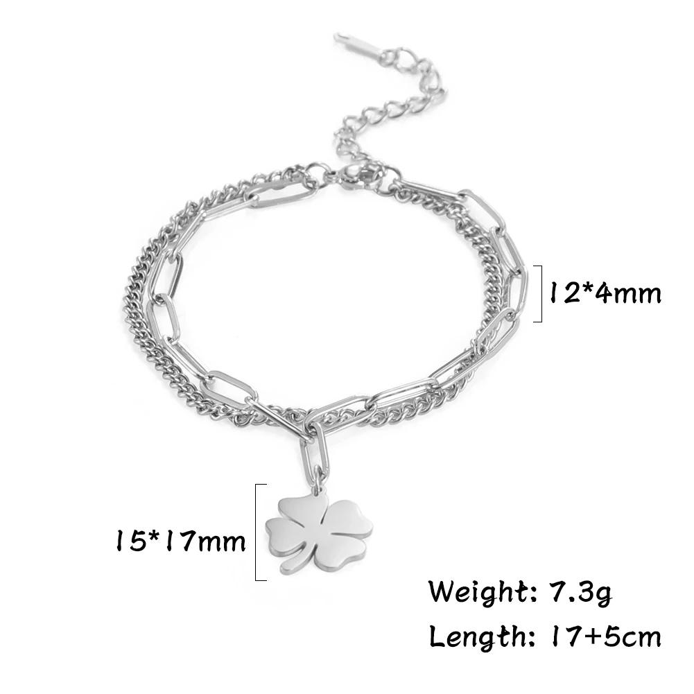 

Cazador Lucky Four-leaf Clover Charm Hand Bracelets Stainless Steel Double Layer Paper Clip Chain Bracelet for Women Jewelry 17 -22 cm
