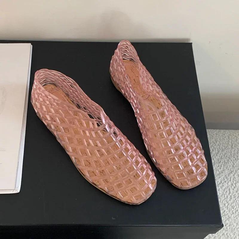 Fashion 2024 Summer New Jellies Shoes Women Hollow Beach Shoes Designer Sandal Round Toe Comfy Transparent Mesh Flat Jelly Sandals Women