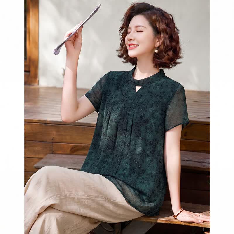 Elegant Floral Short-Sleeve Summer Blouse 3XL