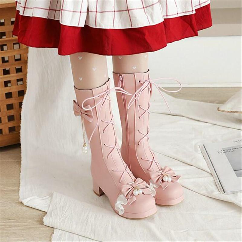 Girls High Heels Shoes Fashion Princess Wedding Party Shoes Cross Tied Bow High Heel Boots Women's Boots Ladies Shoes 30-46