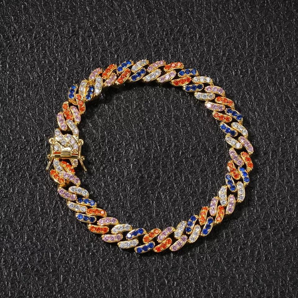 9mm 16inch 18inch 14k 18k Gold Multicolored CZ Cuban Chain Link Necklace Hip Hop Jewelry for in Stock