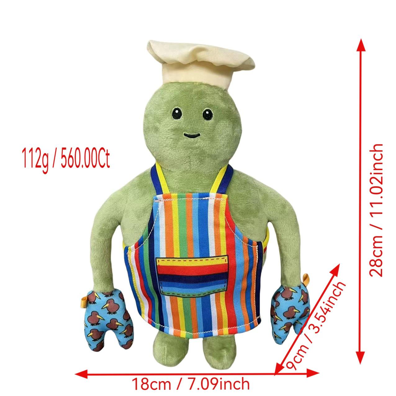28cm Die Tiny Chef Show Plüschtier Cartoon Animation Puppe Niedlicher grünhäutiger Koch mit Schürze Sammlerspielzeug Für Kinder Geschenk