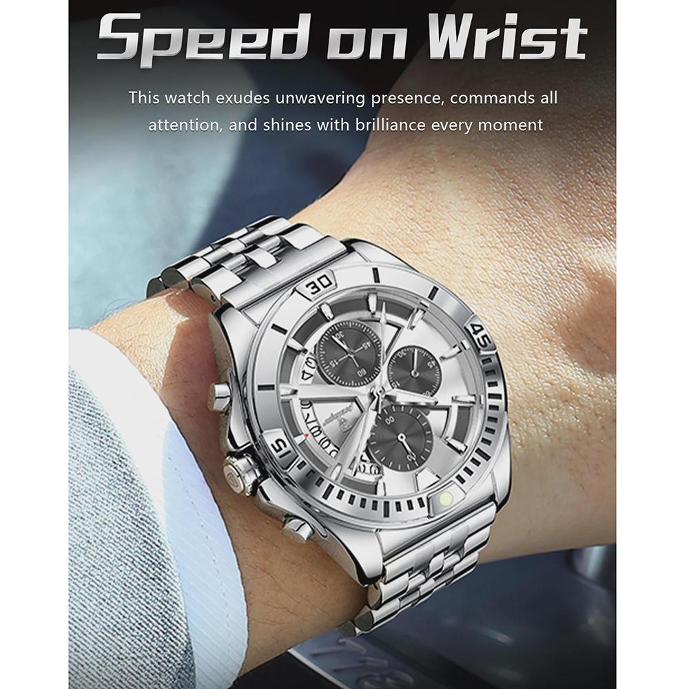Men Chronograph Watches Stainless Steel Analog Quartz Wrist Watch Waterproof Luminous Date Business Dress Watch for Men