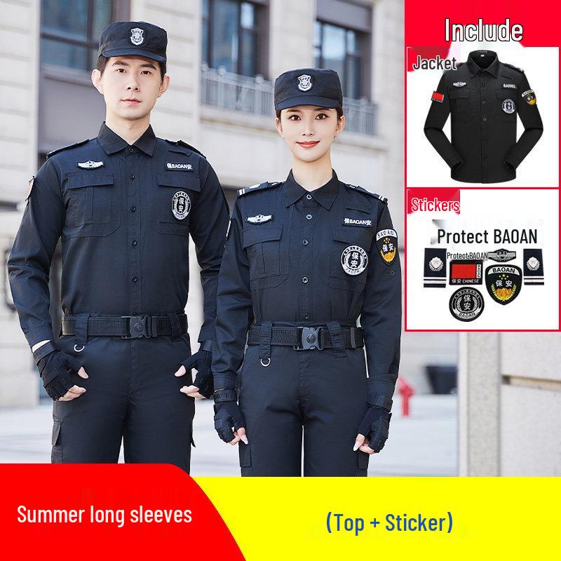 Men's Summer Security Uniform Short-Sleeve Set, Black Duty Training Attire for Property Management Community.