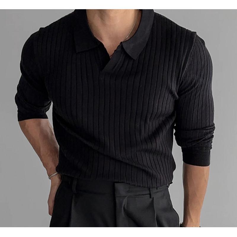 

Чоловіча універсальна обтисла фактурна в язана футболка-поло з довгим рукавом 3XL чорний