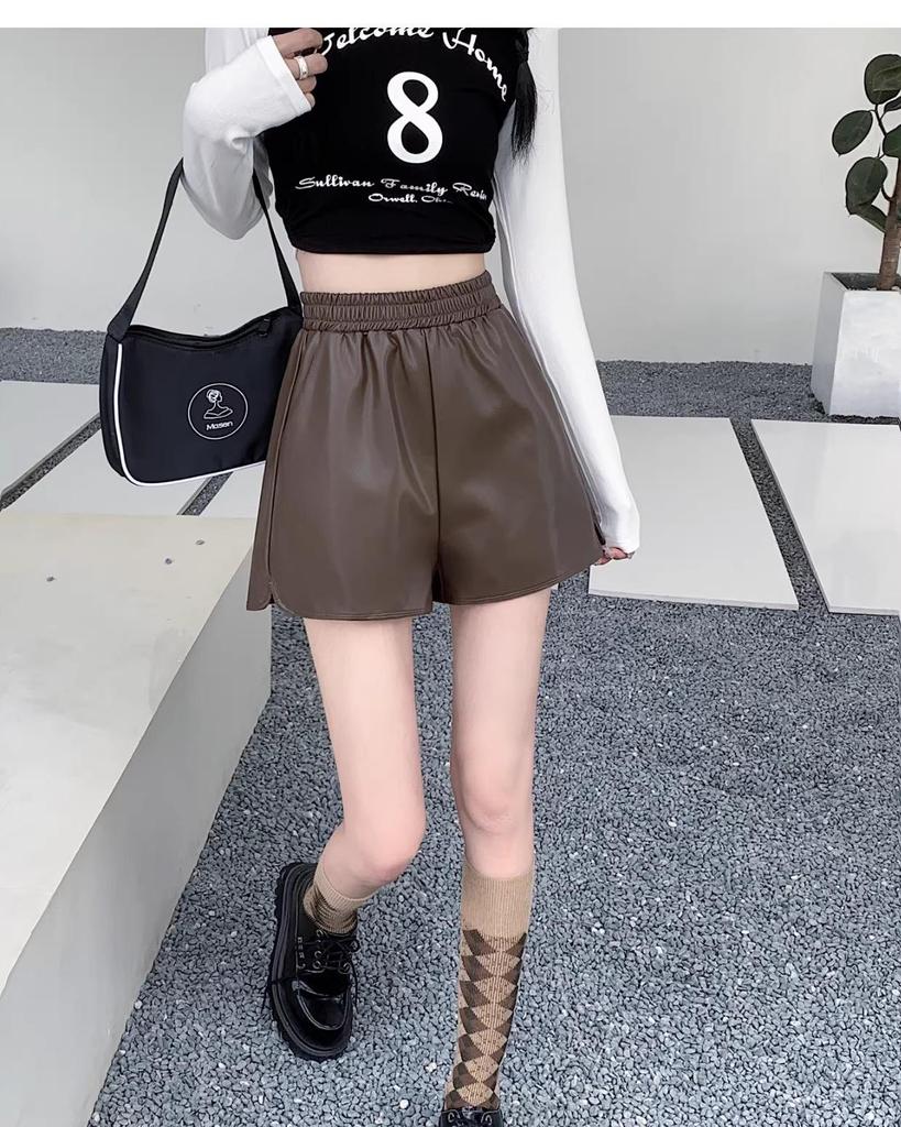 Women's PU Leather Bootcut A-Line Shorts, High-Waist Slimming, Wide Leg, Autumn/Winter 2023 Casual Wear.