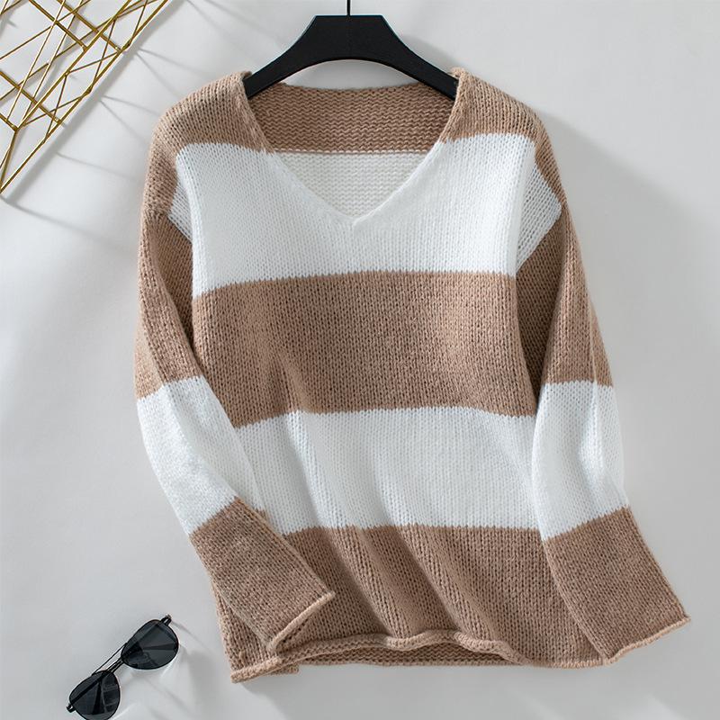 Autumn Winter Vintage Loose Long Sleeve Top Stripe Cardigan Knitwear V-Neck Sweater