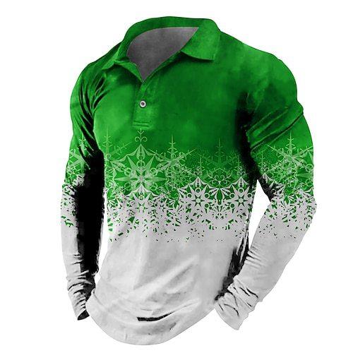 Long Sleeve Polo Shirt with Ornate Snowflake Pattern, Fashionable Casual Top
