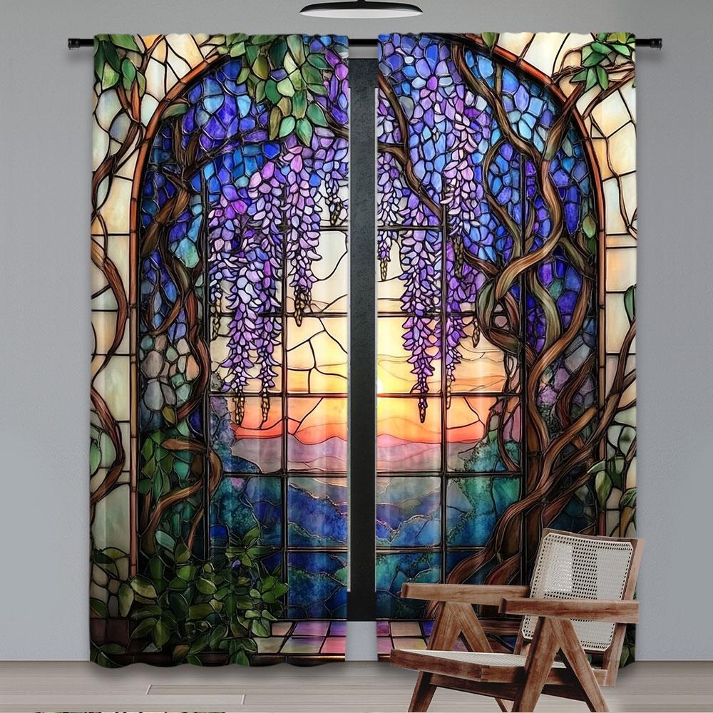 Set Of 2 Vibrant Stained Glass Wisteria Flower Printed Curtains Beautiful Home Decor Bedroom Bathroom Living Room Dining Curtain For Area Made