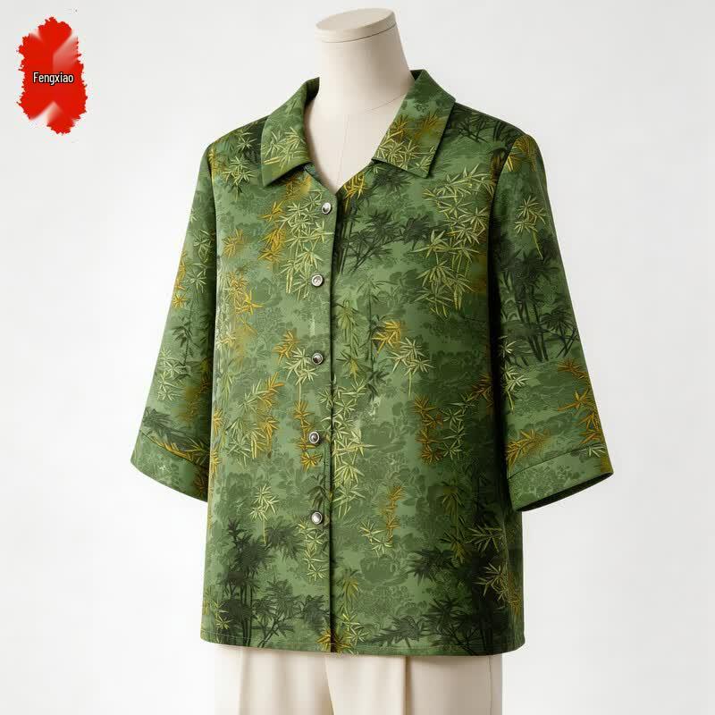Elderly Women s Summer Floral Button-Up Shirt 2XL