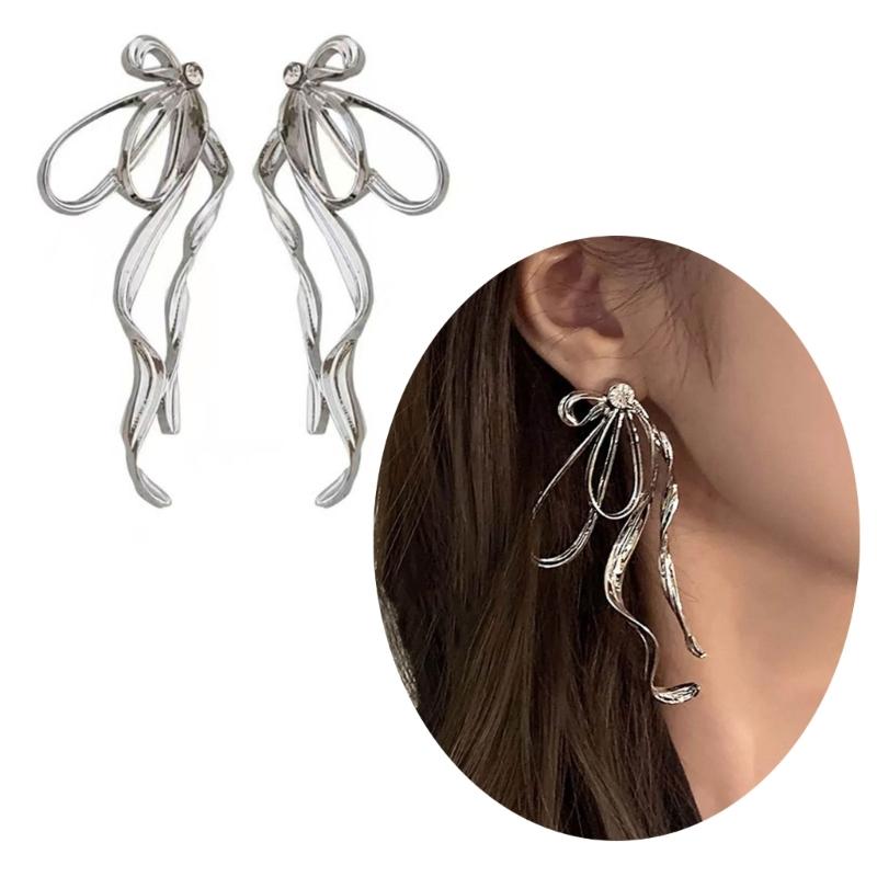 Exquisite Exaggerated Big Long Bowknot Earrings for Women Fashion Irregular Metal Line Bow Earring Party Jewelry Gift