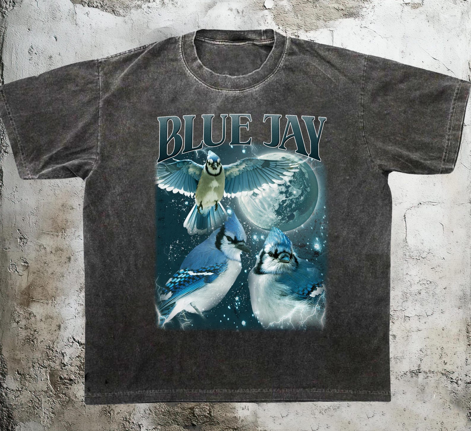 Three Blue Jay Retro Graphic T-Shirt, Vintage Bird Moon Shirt, Oversized Nature Tee XL