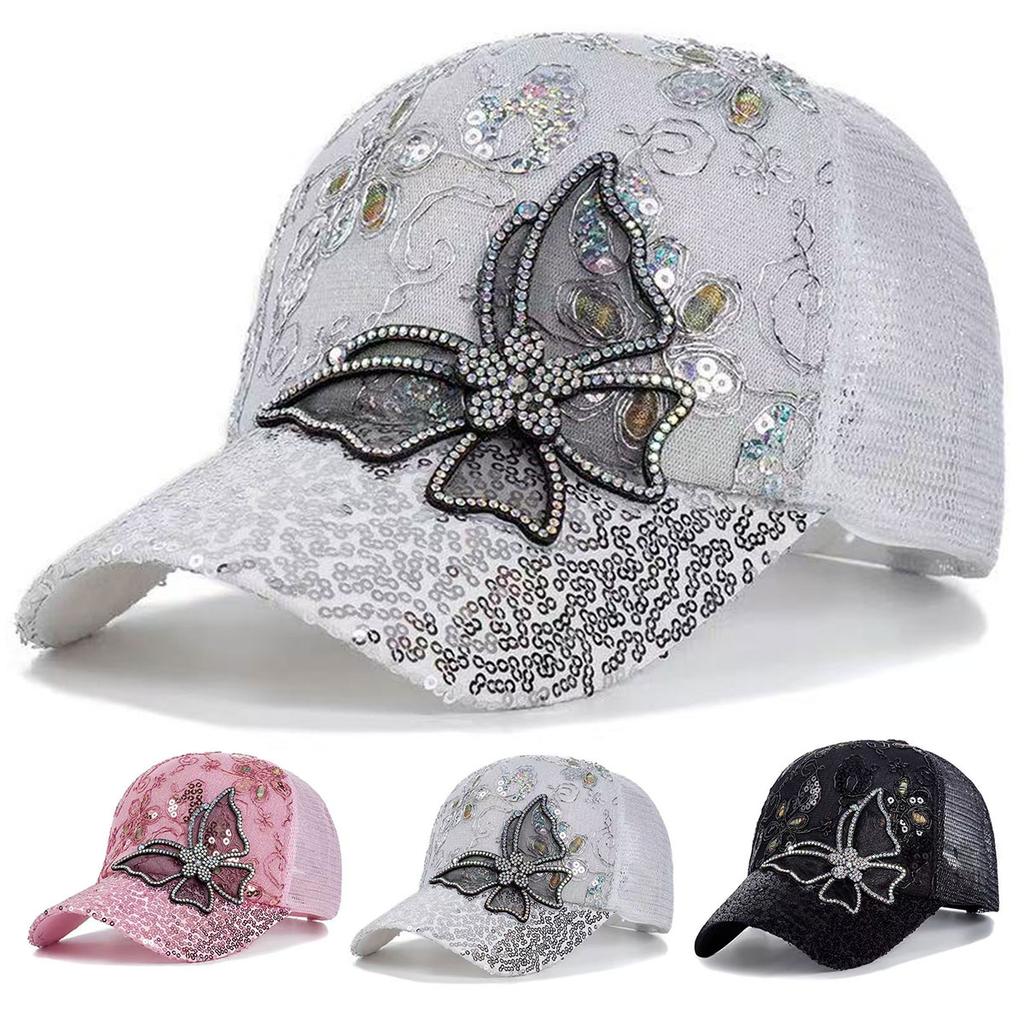 Unisex Butterfly lace sequin decoration Adjustable mesh Baseball Hat sun caps Spring Summer Outdoor Leisure Hats Travel Accessories for Women Men