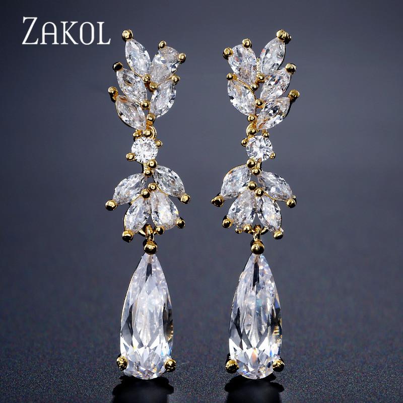 ZAKOL White Zircon Leaf Dangle Earrings for Women Shinny Water Drop Crystal Flower Pendant Earring Bridal Wedding Jewelry