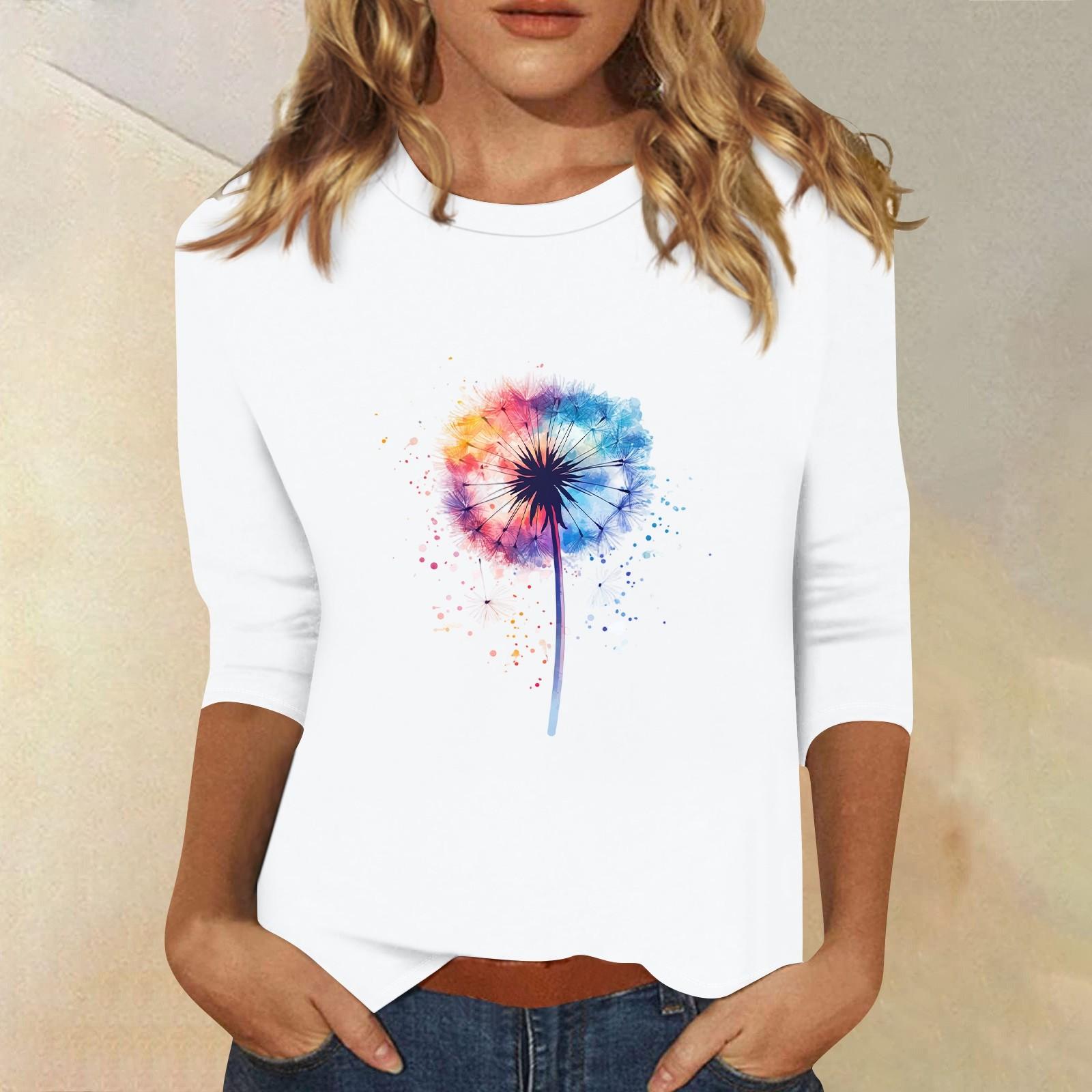 

Топи з рукавами 3/4 для жінок Футболка Повсякденні топи з принтом Футболка з круглим вирізом Пуловер Блуза M білий