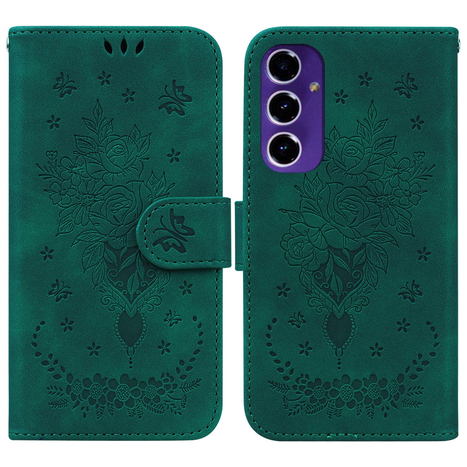 

For Samsung Galaxy A16 5G/A16 4G Case PU Leather Wallet Phone Cover Butterfly Flower Imprint Green