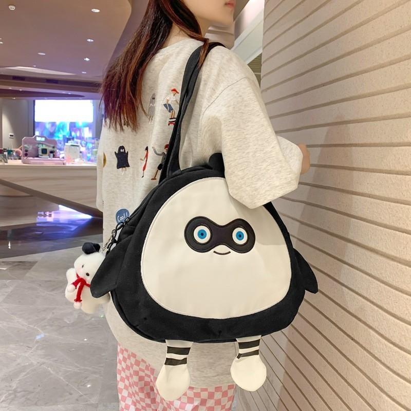Cartoon Egg Waffle Canvas Bag Large Capacity Cute Street Style Tote Bag Black Yellow