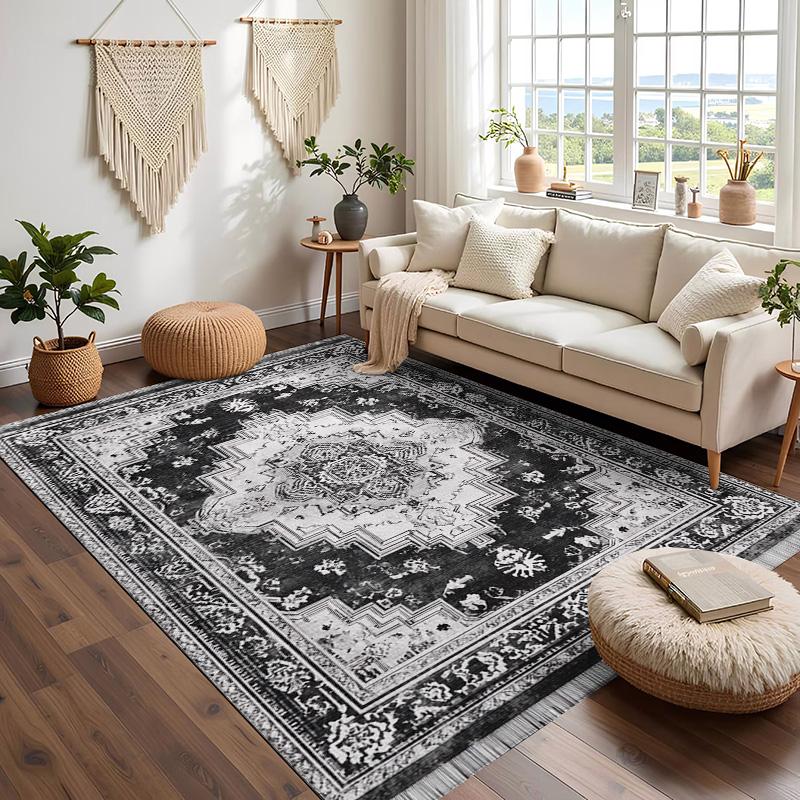 RAKKS Black Grey Mandala Velvet Large Area Rugs,Stain Resistant Anti Slip Backing for Living Room,Bedroom,Vintage Home Decor