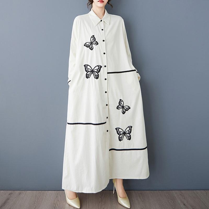 

Длинный рукав Плюс размер винтажная вышивка новые платья для женщин повседневный свободный весна осень платье-рубашка белый