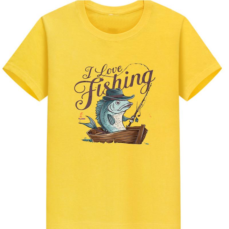 Unisex Cotton I Love Fishing Print Tshirt Loose round Neck Casual Short Sleeve Fashion Top for Summer