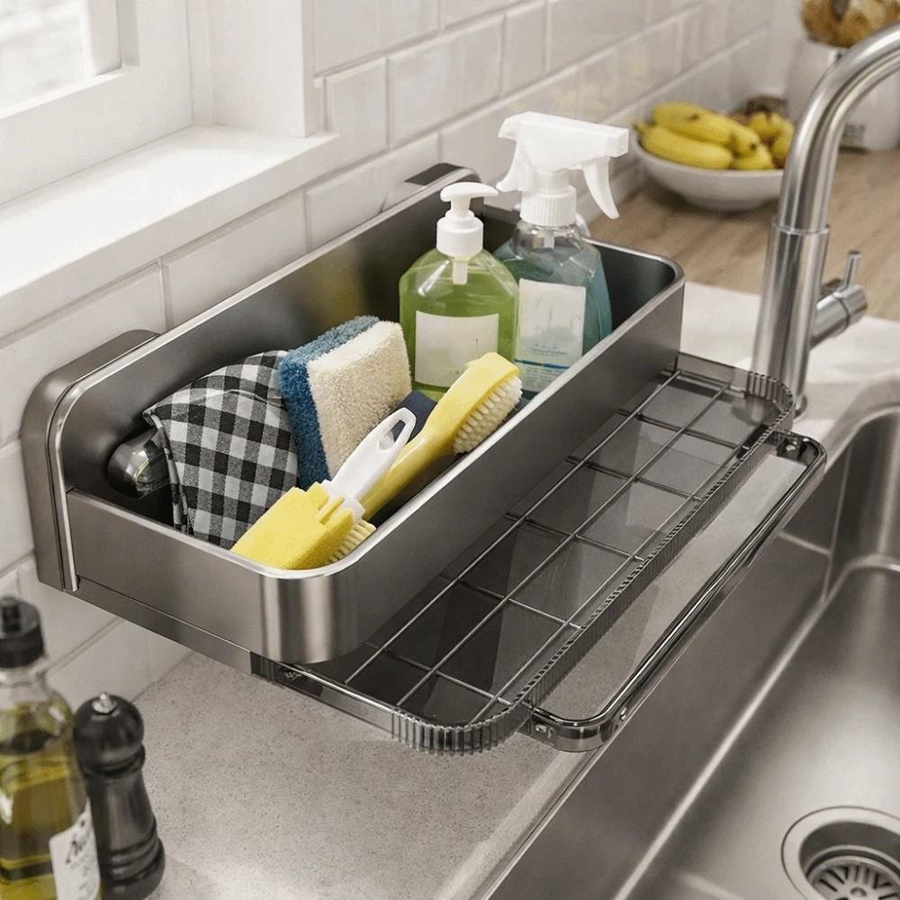 Space Aluminum Suction Cup Sink Drain Rack Wall Mounted Waterproof Sink Sponge Holder Punch Free with Water Tray