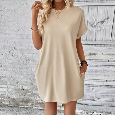 Lady Summer Dress Pure Color Crew Neck Short Sleeves Loose Side Pockets Casual Breathable Soft Daily Commute Office Dating Mini Dress