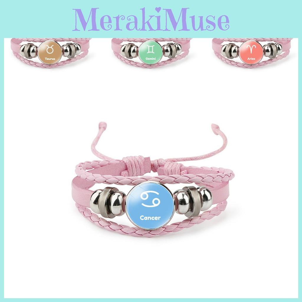 Personalized Pink Leather Braided Bracelet With Custom Zodiac Time Gemstones