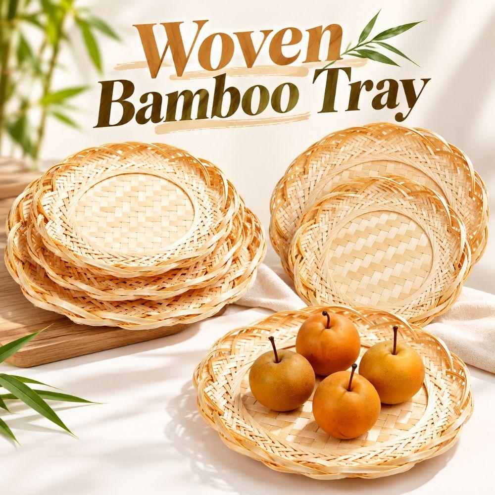 Scalloped Edge Woven Bamboo Tray Round Fruit Snack Serving Tray Bamboo Woven Basket Fruit Serving