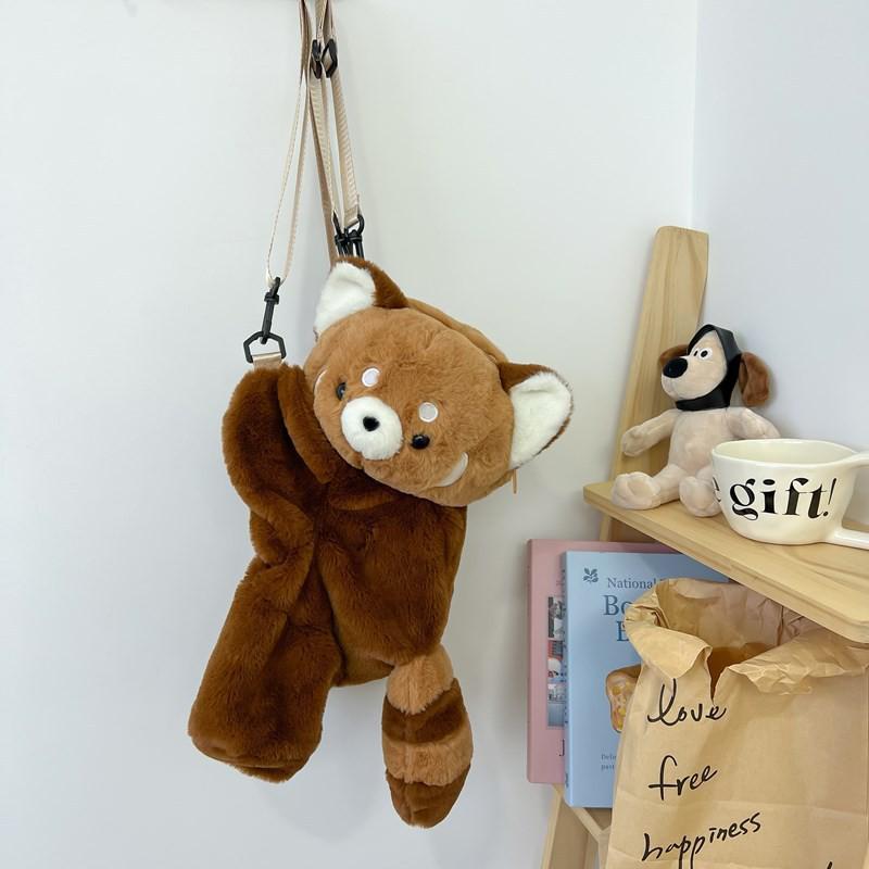 2026 Large & Small Raccoon Fur Plush Backpack - Cute Crossbody Bag for Women & Students, Lying Down Doll Toy