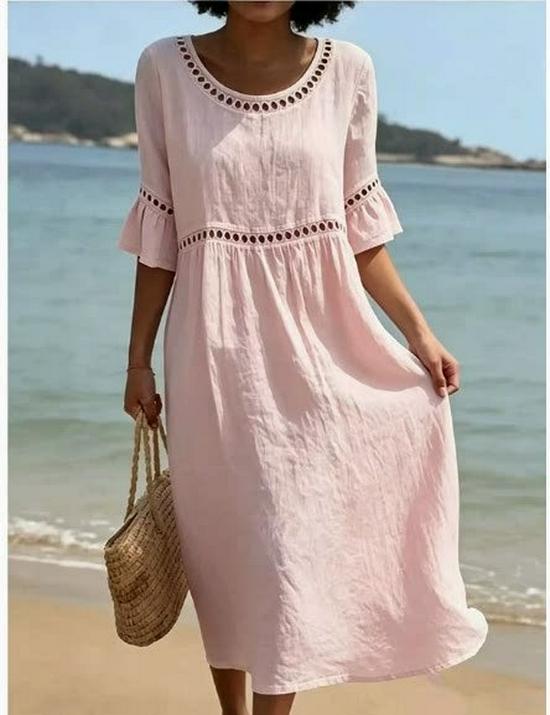 Damen Ausgeschnittenes Lässiges Lockeres Baumwoll-Leinen Sommerkleid
