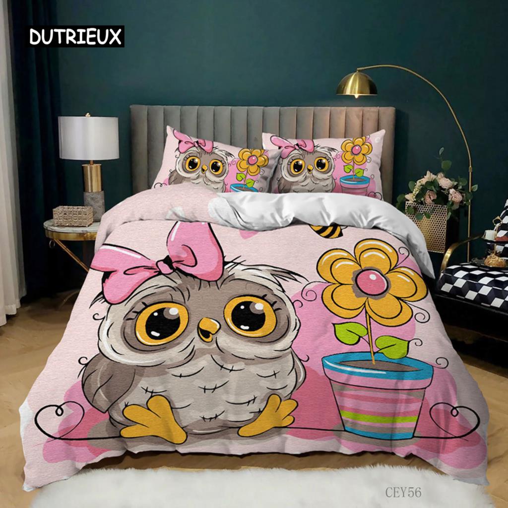 Cartoon Owl Duvet Cover Set King Size Owls In Love Print Cute Partners Couples Twin Bedding Set Soft Microfiber Comforter Cover