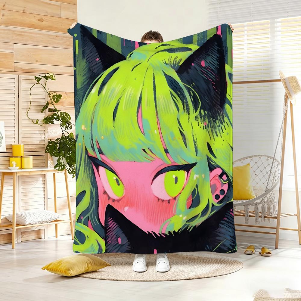 Artwork C-Cat Ear Girl Throw Lightweight 240g Flannel Blanket Soft Skin-friendly for Summer Cooling