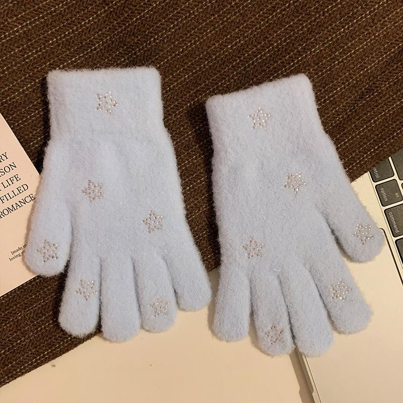 Cute Water Diamond Rabbit Finger Plush Gloves for Girls Thickened In Autumn and Winter To Keep Warm  Student Outdoor Cycling Trend