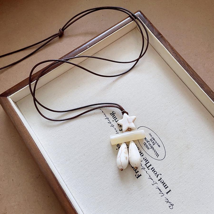 Retro Leather Cord Necklace with Faux Stone, Acrylic Gradient, and Star & Water Drop Charms - Elegant Sweater Chain Jewelry for Women