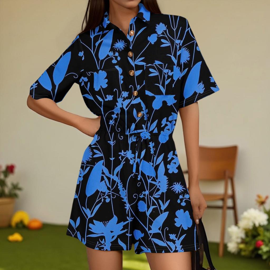 Women's Fashion V-neck Jumpsuit Plaid Casual Short Sleeve Top Jumpsuit