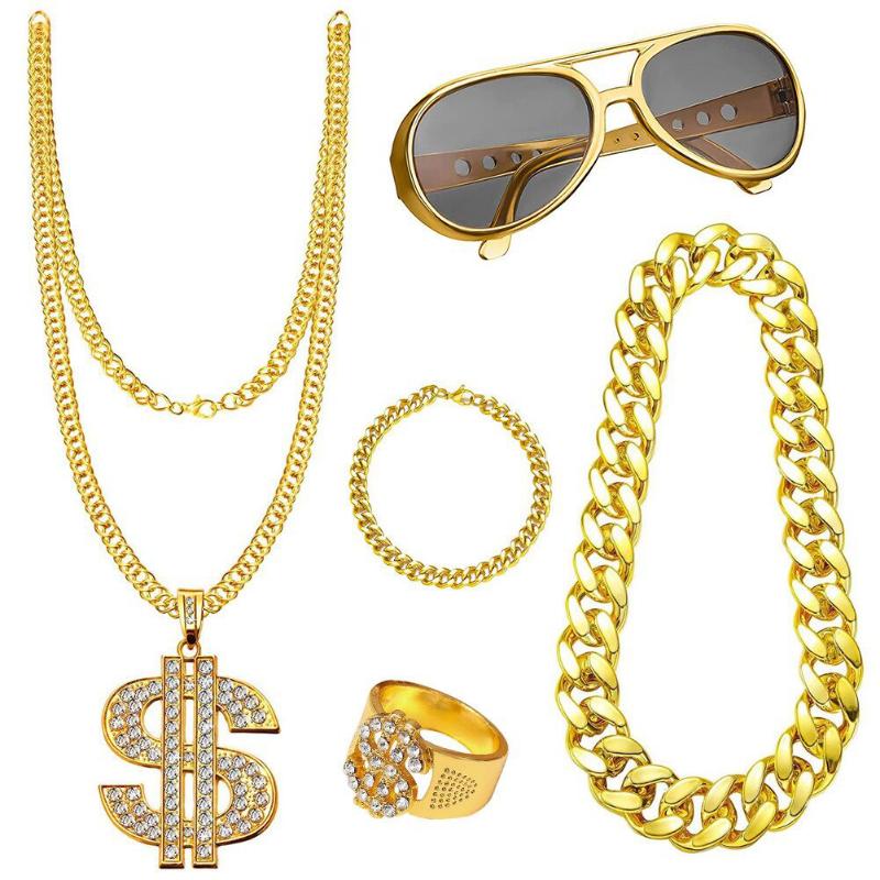 Hip-hop Exaggerated Punk Alloy US Gold Chain Necklace Glasses Ring Bracelet Set