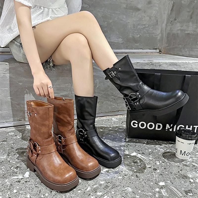 Gothic Buckle Platform Ankle Boots Women Combat Boots with Studs Winter Brown Mid-calf Boots for Women Motorcycle Botas Mujer
