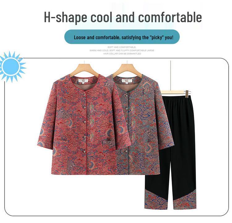 Chic Grandma Summer Seven-Sleeve Top Two-Piece Set - Chinese Style Fashion for Middle-Aged & Elderly Women
