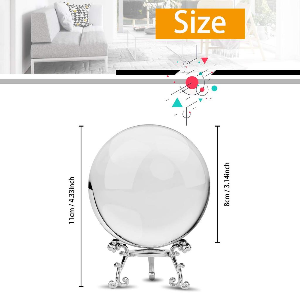 MerryNine Magic Crystal Ball, 80mm, Transparent Crystal Ball with Metal Base, Wiping Cloth, Feng Shui Item, Decorative Item (Clear + Metal Base)