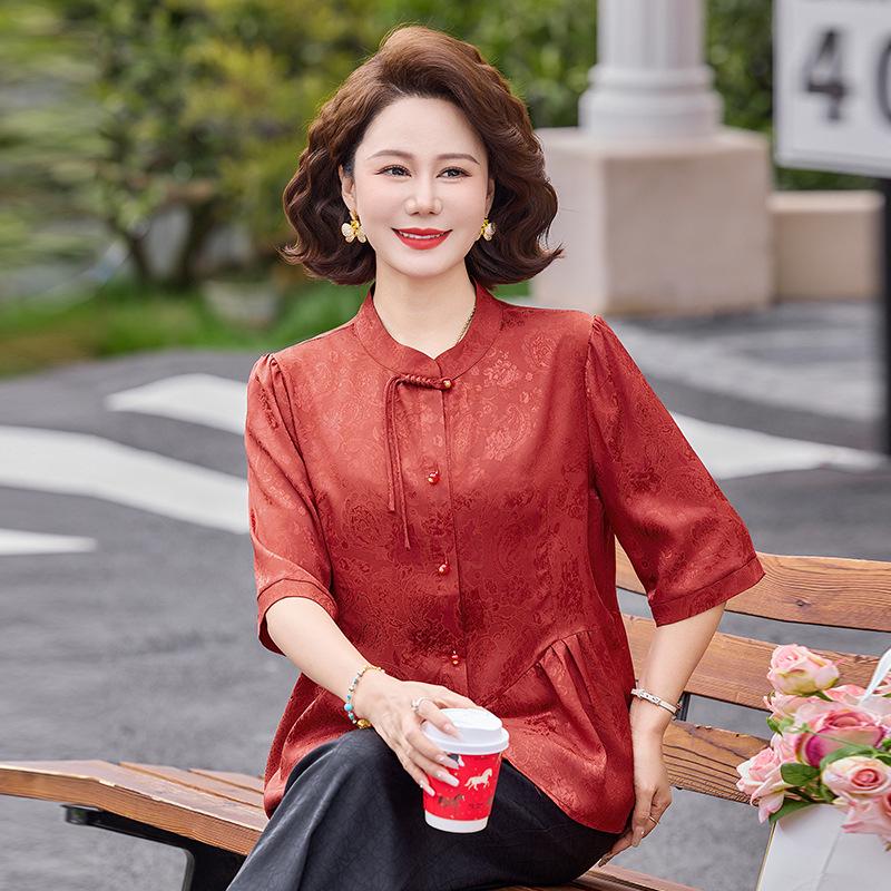 

2026 New Chinese Style Round Neck Seven-Sleeve Top for Middle-Aged & Elderly Women - Stylish Spring & Summer Shirt 3XL (suggested 120-135 jin) червоний