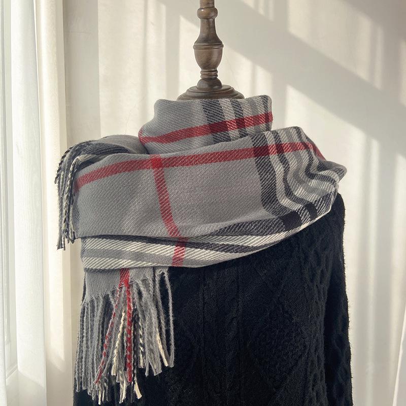 Women's Autumn/Winter Korean-Style Versatile Mid-Length Plaid Shawl & Scarf with Tassels – Imitation Cashmere Warm Neck Warmer