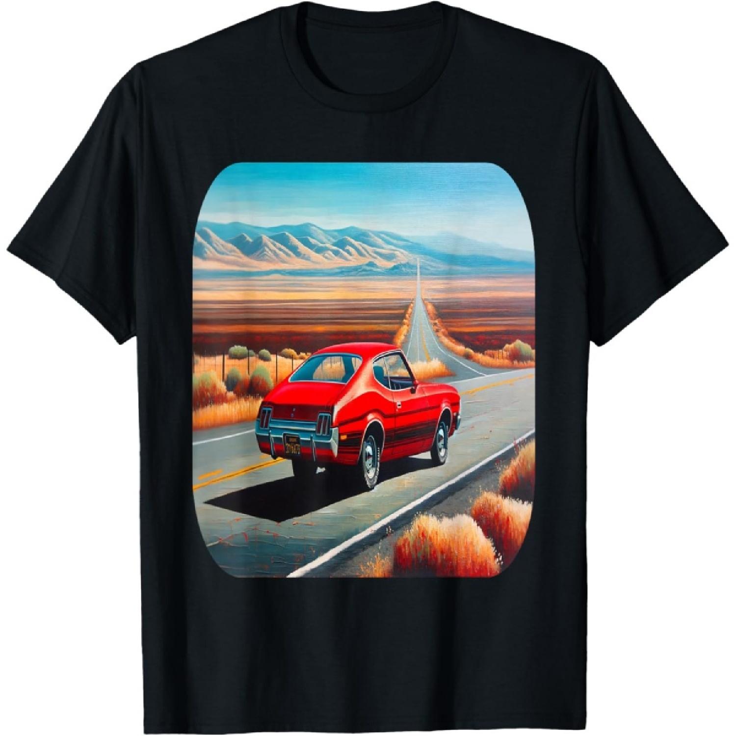 Retro Red Classic Car on California Highway T-Shirt S