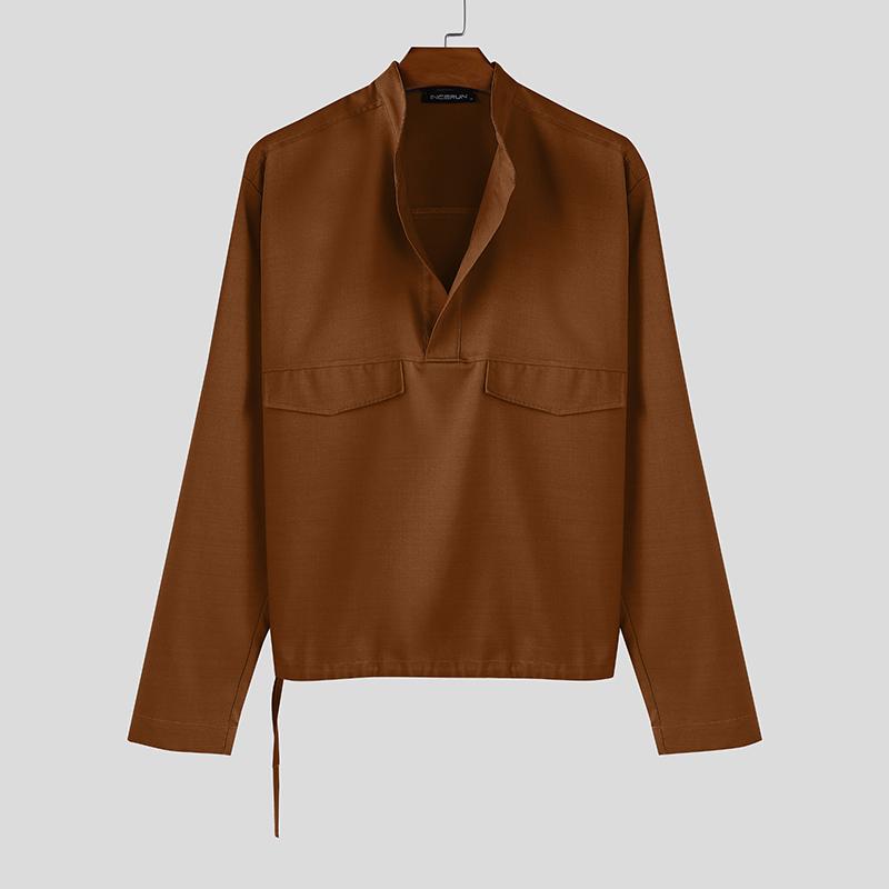 INCERUN Men Stand Neck Long Sleeve Solid Color Casual Loose Shirts Tops