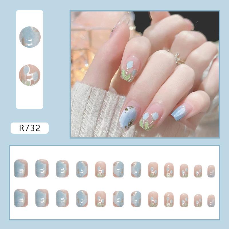 24 Pcs Love Sweet Girl Temperament Nail Art ins Minimalist Style White Fake Nails No Carving and Grinding Finished Products Wear Nail