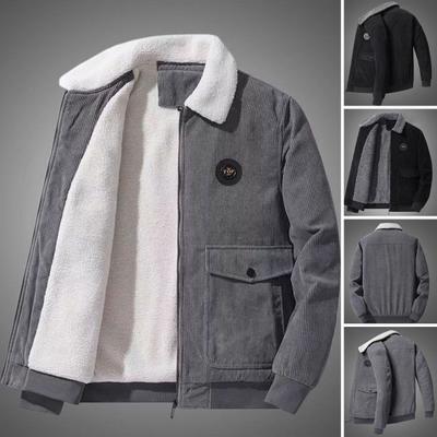 Men Autumn Winter Solid Color Casual Jacket Coat Lapel Long Sleeve Flap Pockets Corduroy Outwear Zipper Placket Fleece Lining Coat